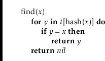 \begin{leftbar}
\begin{flushleft}
\hspace*{1em} \ensuremath{\mathrm{find}(\ensur...
...{return}} \ensuremath{\ensuremath{\mathit{nil}}}\\
\end{flushleft}\end{leftbar}