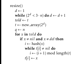 \begin{leftbar}
\begin{flushleft}
\hspace*{1em} \ensuremath{\mathrm{resize}()}\\...
...mathit{t}}[\ensuremath{i}] \gets \ensuremath{x}}\\
\end{flushleft}\end{leftbar}