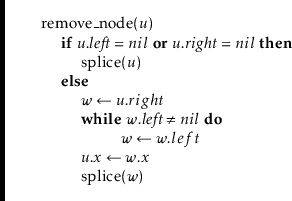 \begin{leftbar}
\begin{flushleft}
\hspace*{1em} \ensuremath{\mathrm{remove\_node...
...remath{\mathrm{splice}(\ensuremath{\mathit{w}})}\\
\end{flushleft}\end{leftbar}