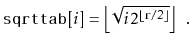 $\displaystyle \ensuremath{\mathtt{sqrttab}}[i]
= \left\lfloor
\sqrt{i 2^{\lfloor \ensuremath{\mathtt{r}}/2\rfloor}}
\right\rfloor \enspace .
$